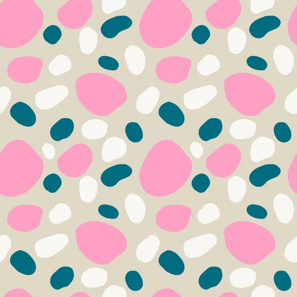 Hand drawn seamless pattern with pink, green and white irregular spots on beige background. — Stock Vector