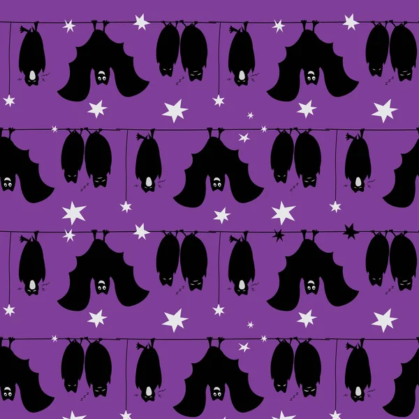 Pola Halloween mulus dengan kelelawar tergantung di latar belakang ungu. - Stok Vektor