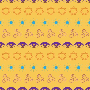 Sarı arka planda el çizimi sihirli semboller olan esrarengiz, pürüzsüz çizgili desen.