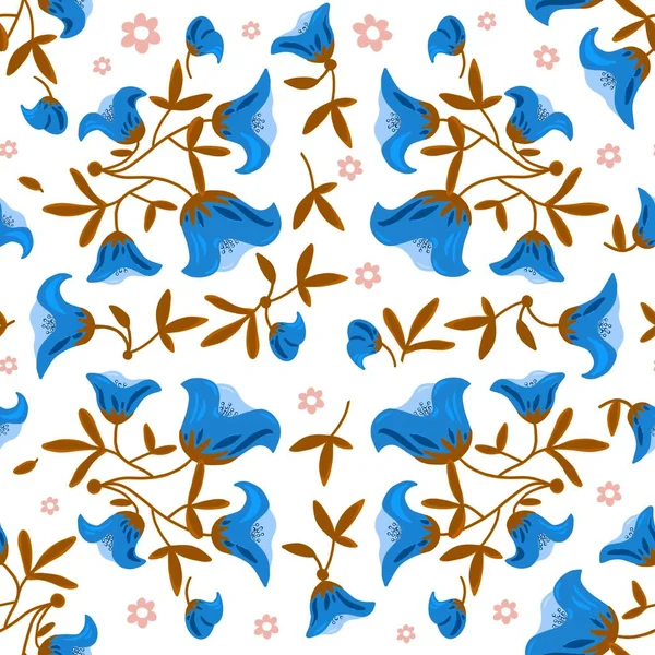 Fleurs bleues dessinées à la main motif sans couture sur fond blanc. — Photo