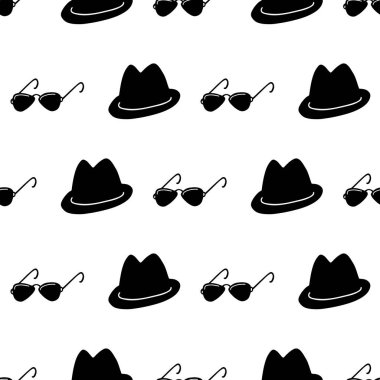 Dedektif, casus, mafya kusursuz bir düzen. Beyaz arka planda siyah şapka ve güneş gözlüğü silueti.