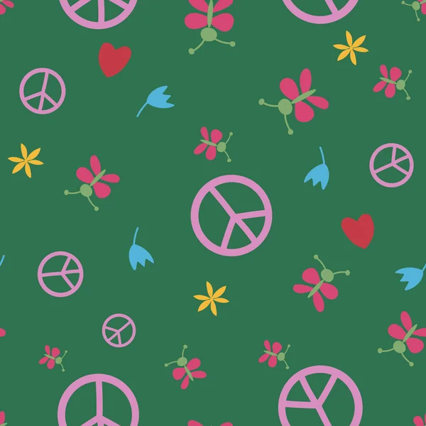 Paz pacifista signo, mariposa y flores sobre fondo verde oscuro. — Archivo Imágenes Vectoriales