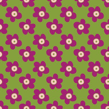 Yeşil arka planda mor çiçekler. Kusursuz, tekrarlanan desen.