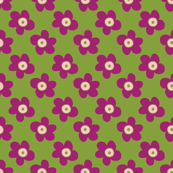Flores púrpuras sobre fondo verde. Patrón inconsútil y repetido. — Archivo Imágenes Vectoriales