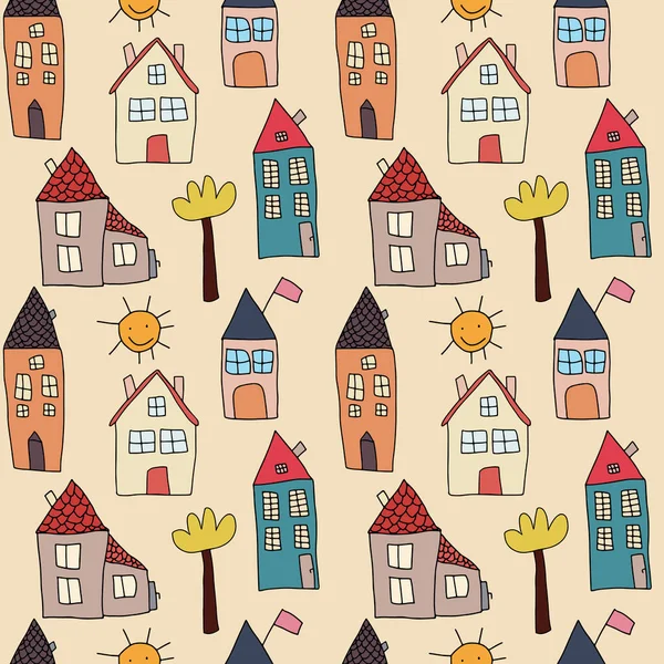 Childish naive seamless pattern with cute houses. — Stok Vektör