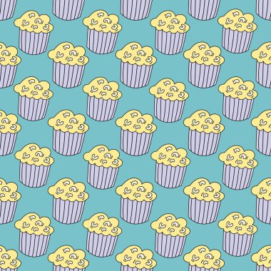 Turkuaz arka planda elle çizilmiş kekler pürüzsüz desen.