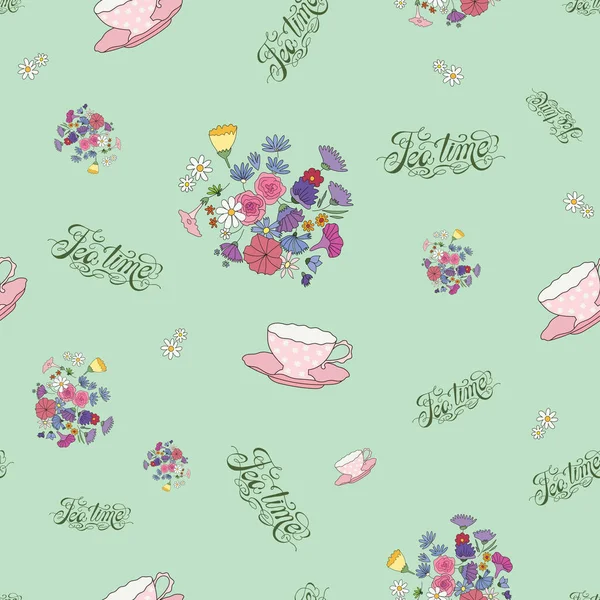 Tea time hand drawn seamless pattern with lettering, flowers, teacups on green background. — Vetor de Stock