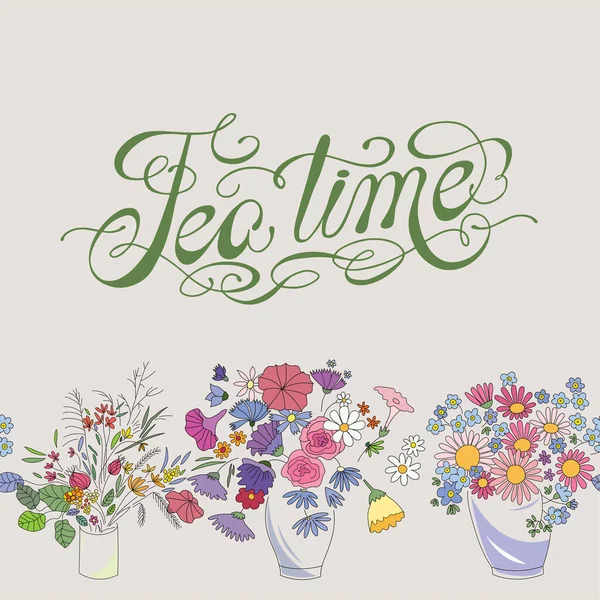 Tea time. Hand drawn hand lettering and flowers border on beige background. — Image vectorielle