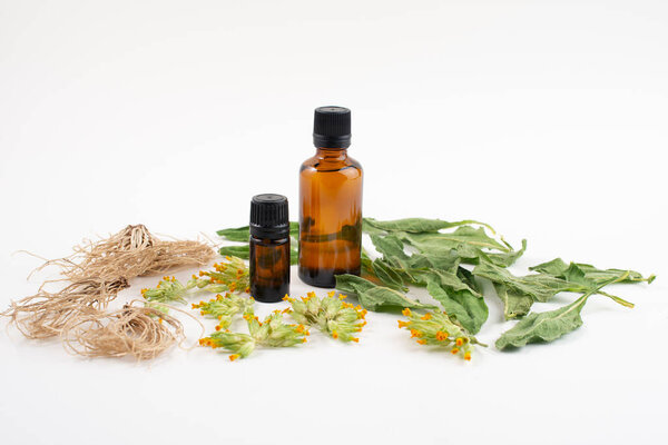 Dark glass bottles and dried root, leaf and flower of common cowslip, Primula veris, isolated on white background.