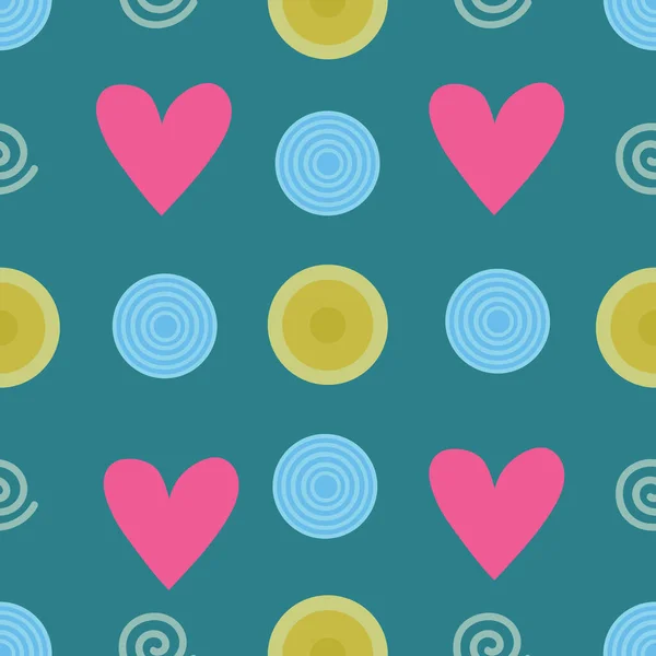 Heart Shapes Circles Seamless Pattern Dark Green Background Fabric Wrapping — Stock Vector