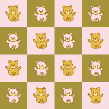 Sevimli oyuncak ayıyla kareli, pürüzsüz desen. Tasarım, tekstil, ambalaj, kart, baskı için..
