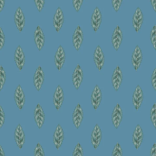 Hand drawn leaves seamless pattern on dark aqua background. For fabric, wrapping paper, packaging, scrapbooking.