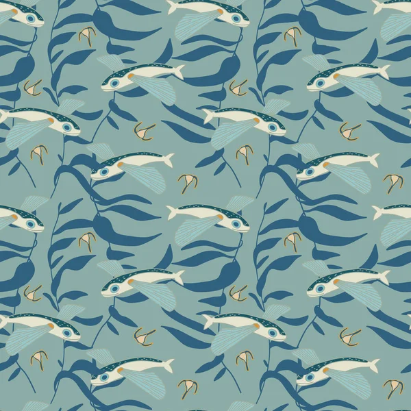 Flying Fishes Sea Weed Seamless Pattern Blue Green Colours Fabric — Διανυσματικό Αρχείο
