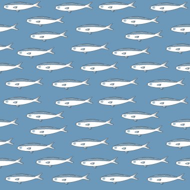 White fishes on blue background seamless pattern. For fabric, wrapping paper, packaging, scrapbooking.