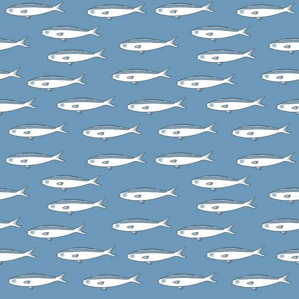 White Fishes Blue Background Seamless Pattern Fabric Wrapping Paper Packaging — Stock Vector