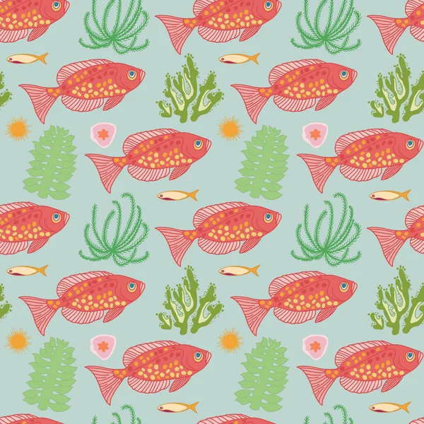 Underwater Sea World Seamless Pattern Red Fishes Green Sea Weed — Stock Vector