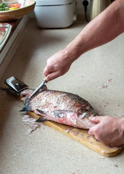 Man Cleaning Bream Fish Kitchen Only Hands Close Meal Preparation — Foto Stock