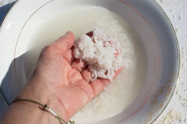 Rice Grains Hand Rice Water Preparation Top View Close — Stockfoto