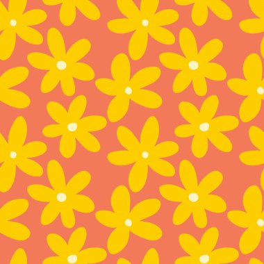 Retro bold, groovy design with yellow flowers on orange background. 70s and 60s style summer print. For home decor, textile, wrapping paper.