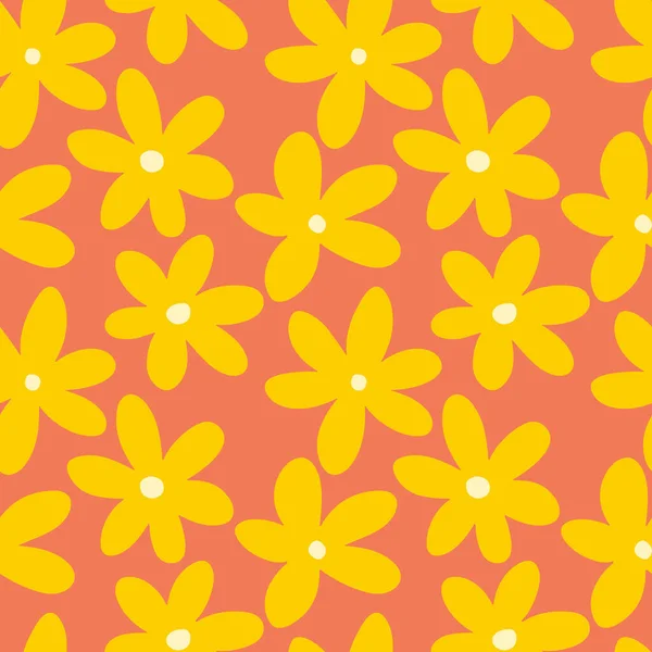 Retro bold, groovy design with yellow flowers on orange background. 70s and 60s style summer print. For home decor, textile, wrapping paper.