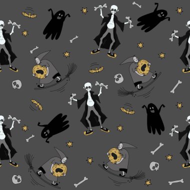 Funny Witch, wampire, ghost and bat. Seamless pattern for Halloween. Vector illustration.