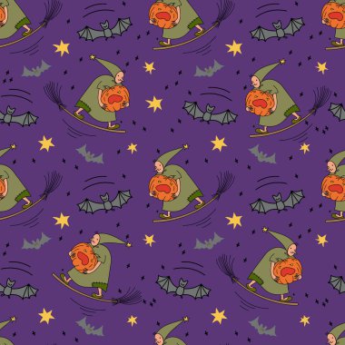 Witches flying on a broomstick. Seamless pattern with witches and bats for Halloween. Vector illustration.