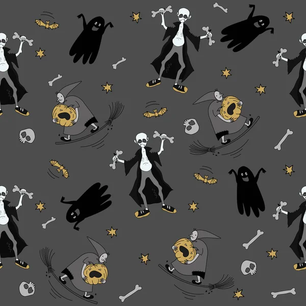 Funny Witch, wampire, ghost and bat. Seamless pattern for Halloween. Vector illustration.