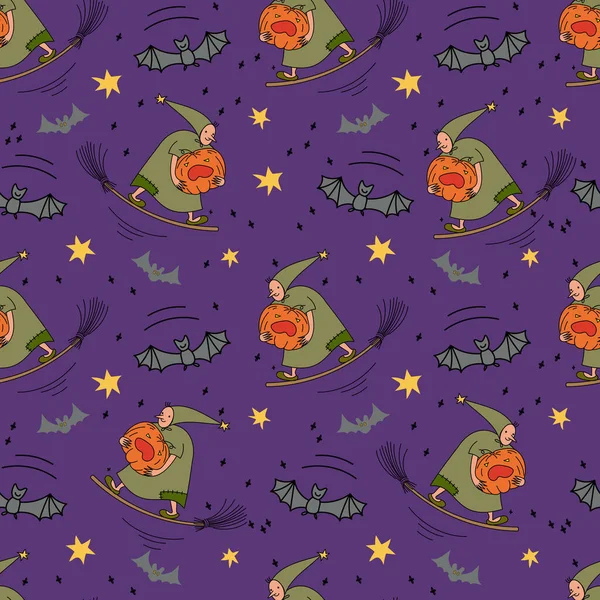 Witches flying on a broomstick. Seamless pattern with witches and bats for Halloween. Vector illustration.