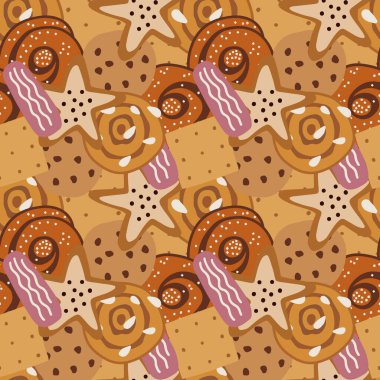 Seamless pattern with overlapping cookies and buns. Hand drawn sweets in sugar brown colours. Vector illustration.