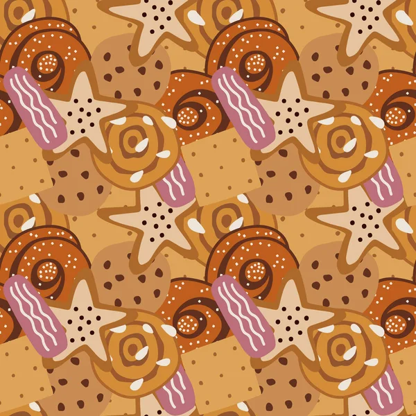 Seamless Pattern Overlapping Cookies Buns Hand Drawn Sweets Sugar Brown — Vector de stock