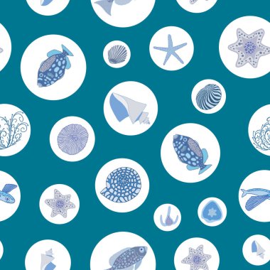 Polka dotted pattern with underwater world inhabitants on teal blue background. Vector illustration. For fabric, wrapping paper, packaging, scrapbooking.