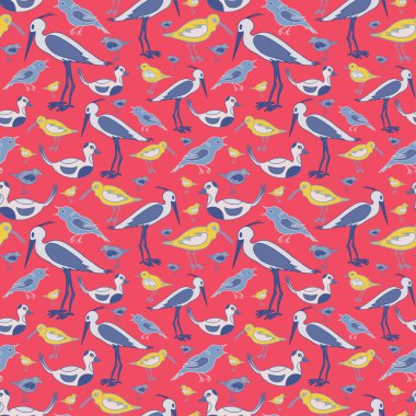 Kırmızı arka planda renksiz düz elle çizilmiş kuşlar. Tekstil baskısı, ambalaj kağıdı için. Vektör illüstrasyonu.