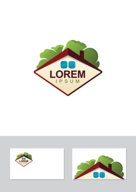 gayrimenkul vektör logosu, ev ve ağaçların çatı. Kartvizit 