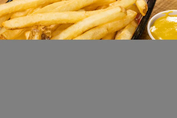 Sült Krumpli Gyorsétterem Hamburger Oldalsó Étel Ketchup Mustár Gyors Epicurean — Stock Fotó