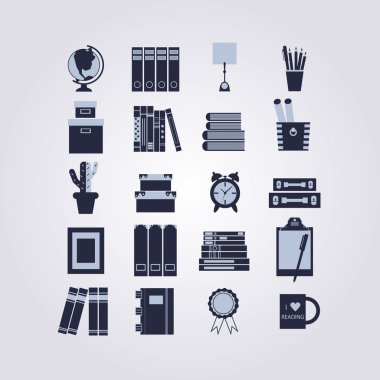 Eğitim, Kütüphane, eğitim ve bazı raf dekorasyon simgeleri ayarlayın