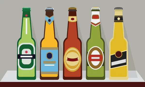 Een rij van bierflessen met caps op een plank, set 2 - moderne plat ontwerp — Stockvector