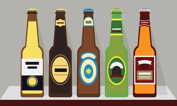 Una fila de botellas de cerveza con tapas en un estante, Set 1 - Diseño plano moderno — Vector de stock