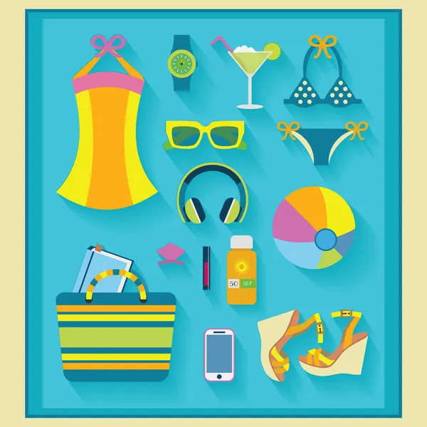 Conjunto de iconos de verano y playa - diseño plano — Vector de stock