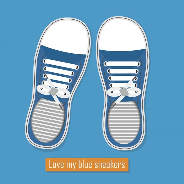 Een paar blauwe sneakers met schoenveters op blauwe achtergrond — Stockvector