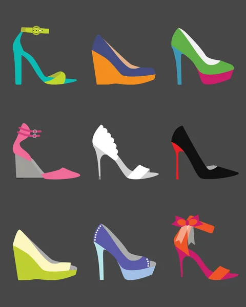 Simge seti - düz tasarım benzersiz renkli kadın ayakkabı — Stok Vektör