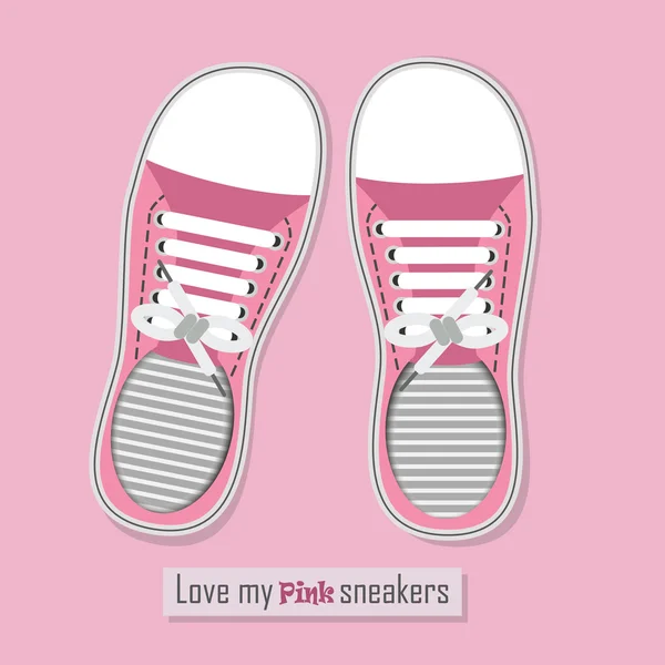 Пара розовых кроссовок с шнурками на розовом фоне — стоковый вектор
