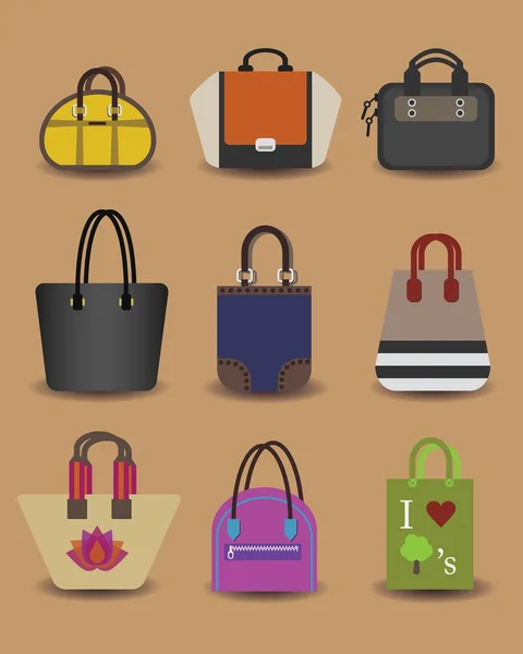 Conjunto de iconos de bolso y bolso de mujer de moda única - Diseño plano — Vector de stock