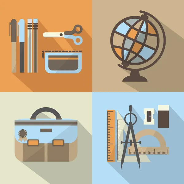 School stuff icons set with long shadow- Modern background colors in flat design — Stock Vector