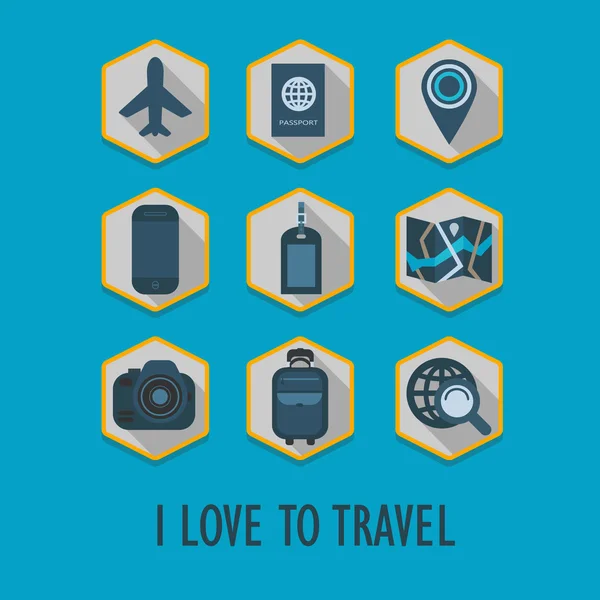 Hexagon travel icons set with long shadow - I Love To Travel — Stock Vector