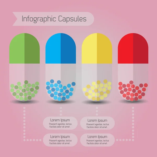 Info graphic close up of colorful capsules on pink background — Stock Vector
