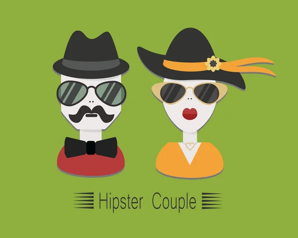 Casal Hipster com óculos de sol e chapéus em fundo verde — Vetor de Stock