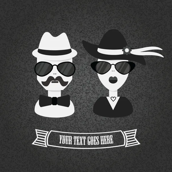 Pareja Hipster en blanco y negro sobre fondo texturizado — Vector de stock