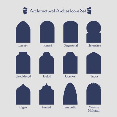 Set of common types of architectural arches silhouette icons clipart