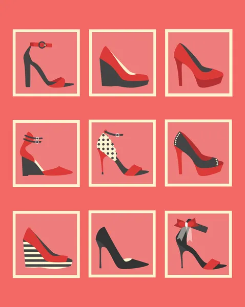 Unique pink and red women shoes square icons set — Stock Vector