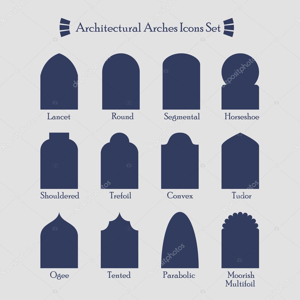 Set of common types of architectural arches silhouette icons Stock